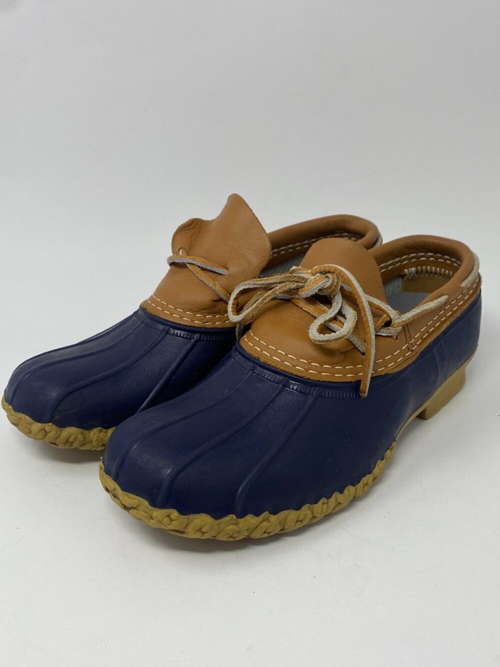 LL Bean Rubber Moc Duck Boots Womens 7M Blue Tan Leather Rubber Low Rain 175067
